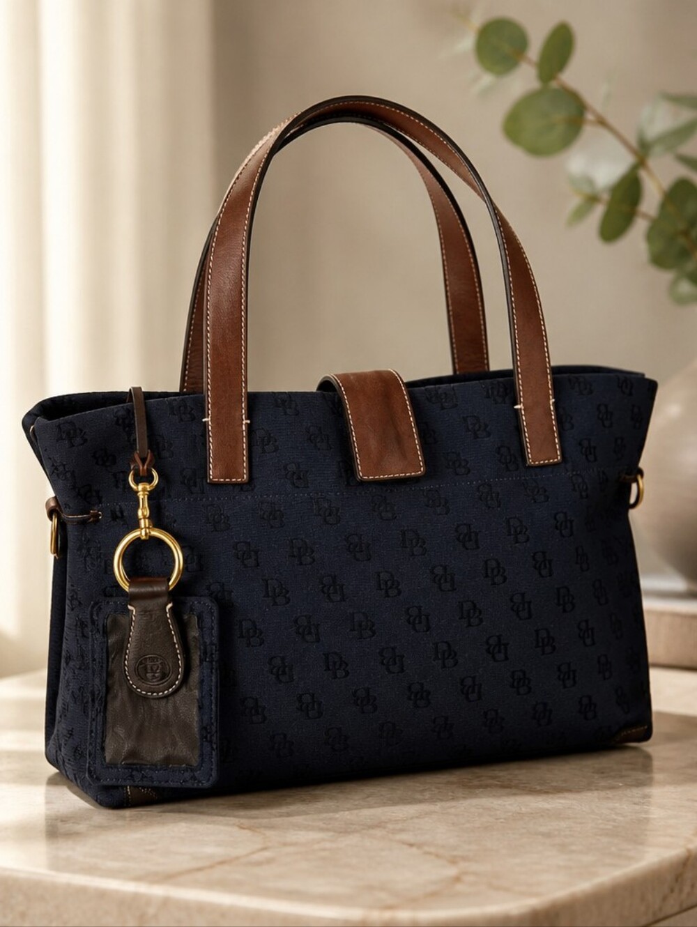 Dooney & Bourke Navy and Brown Logo Tote  Nwot